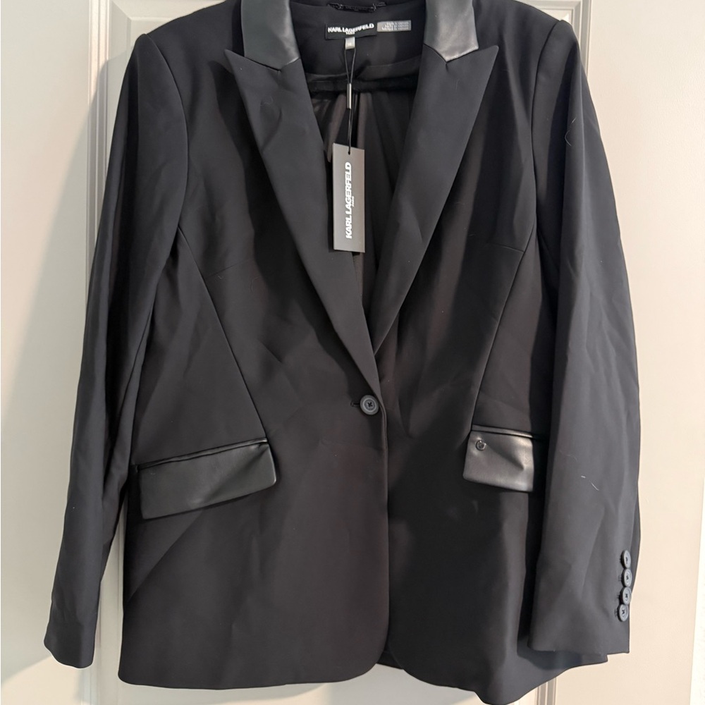 Karl Lagerfeld Black Blazer with Faux Leather Trim
